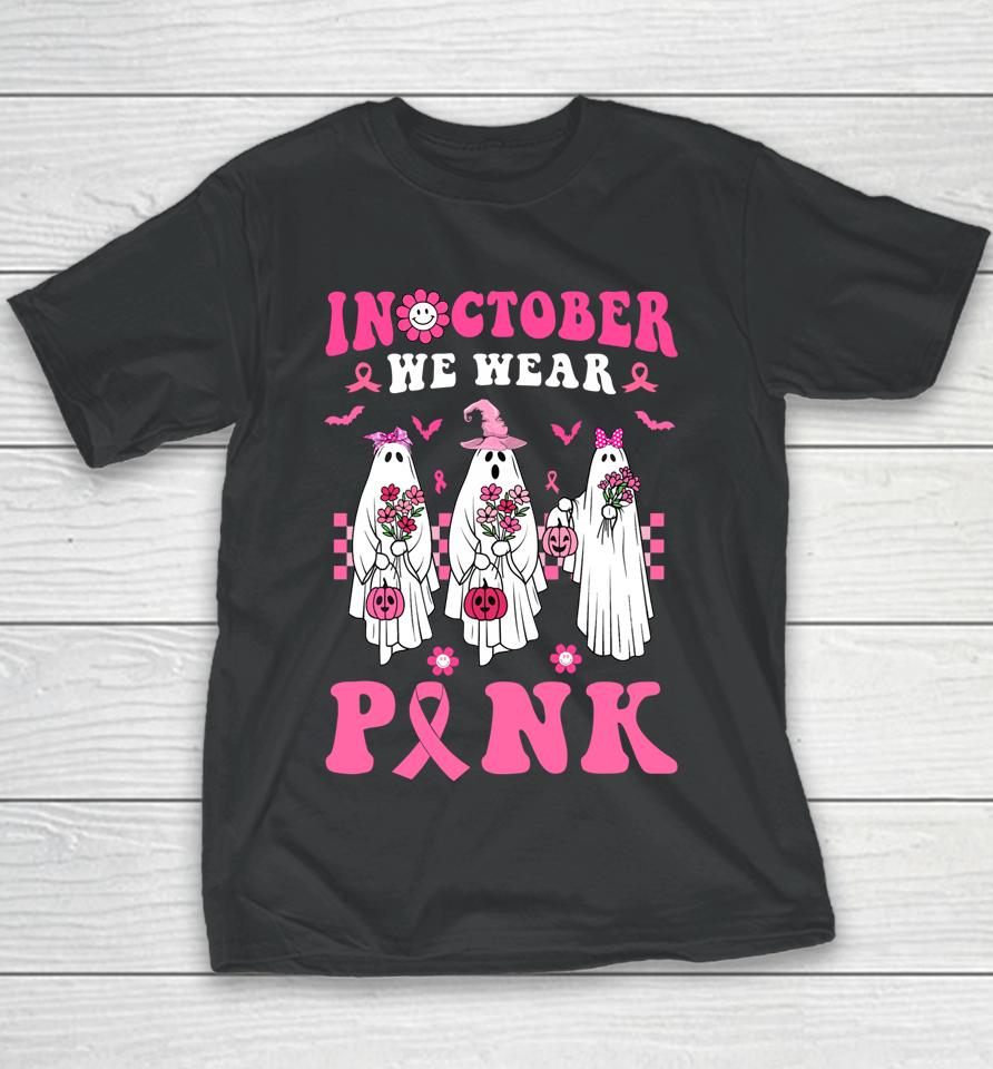 Groovy We Wear Pink Breast Cancer Floral Ghost Halloween Youth T-Shirt