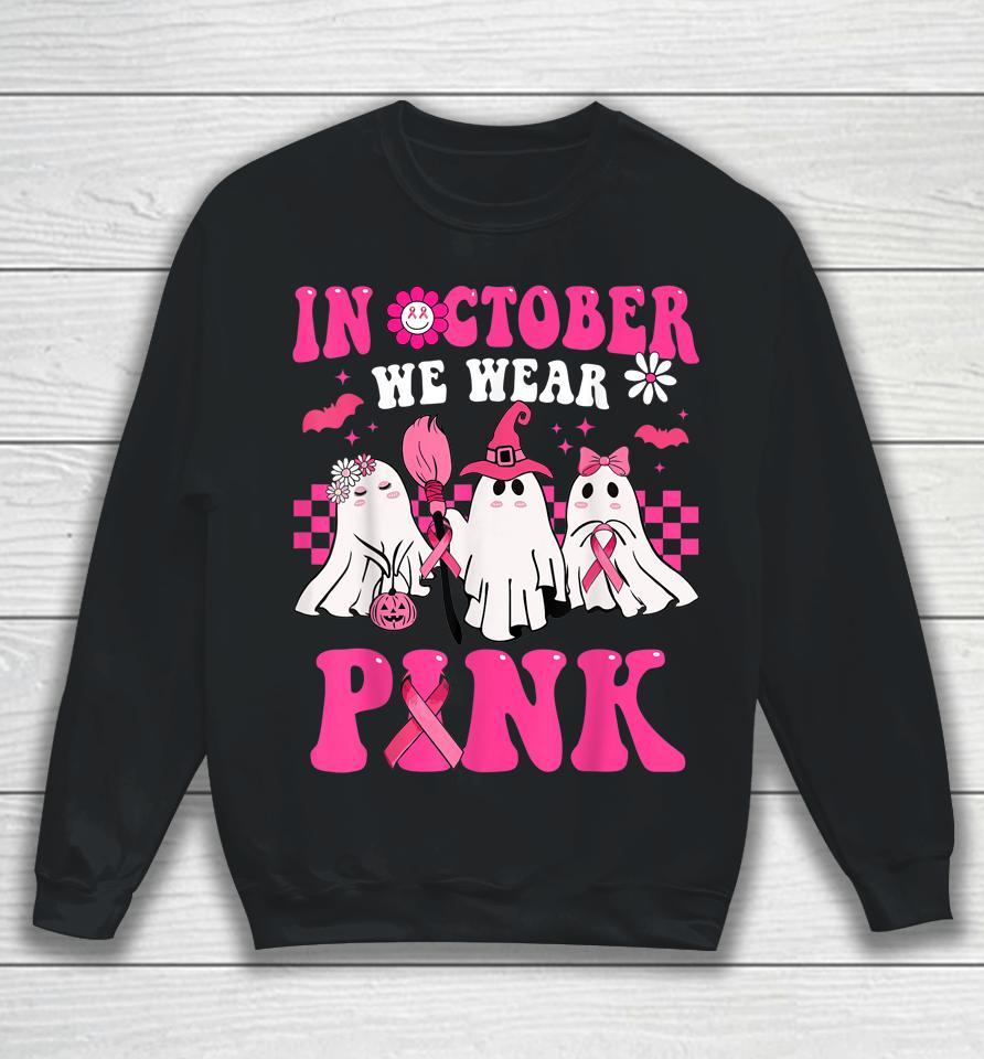 Groovy Wear Pink Breast Cancer Warrior Cute Ghost Halloween Sweatshirt