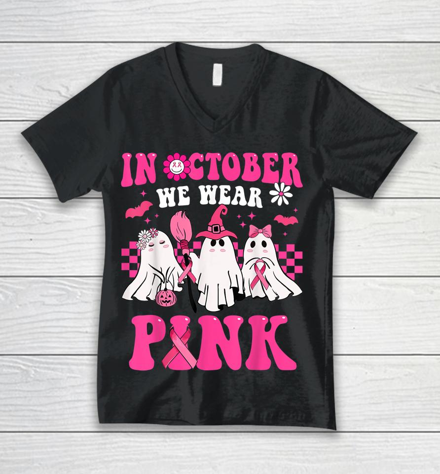 Groovy Wear Pink Breast Cancer Warrior Cute Ghost Halloween Unisex V-Neck T-Shirt
