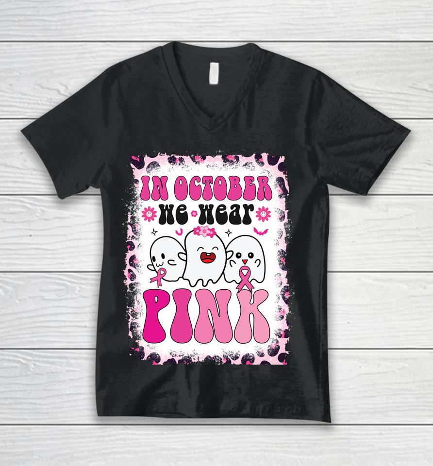 Groovy Wear Pink Breast Cancer Warrior Ghost Halloween Girls Unisex V-Neck T-Shirt