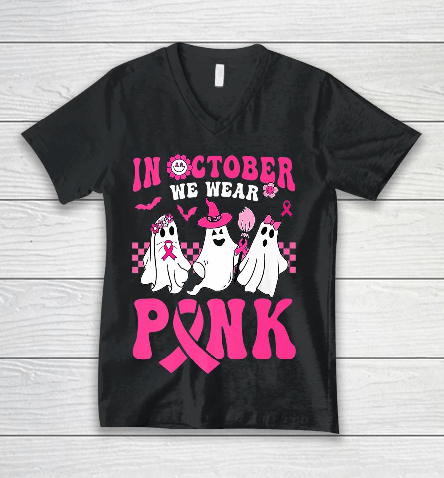 Groovy Wear Pink Breast Cancer Warrior Ghost Halloween Unisex V-Neck T-Shirt