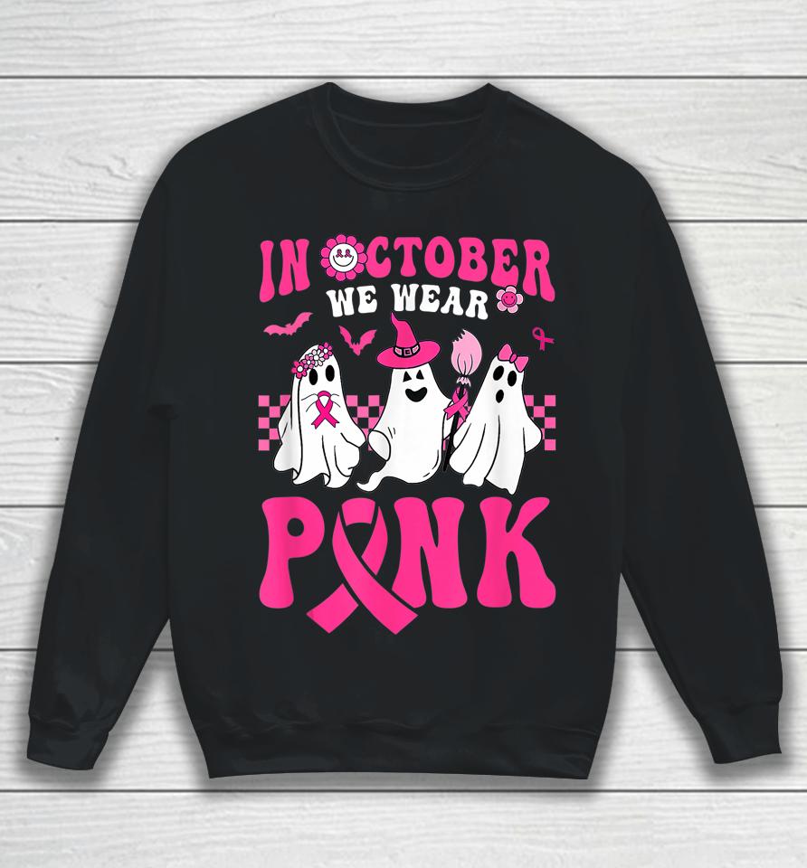 Groovy Wear Pink Breast Cancer Warrior Ghost Halloween Sweatshirt
