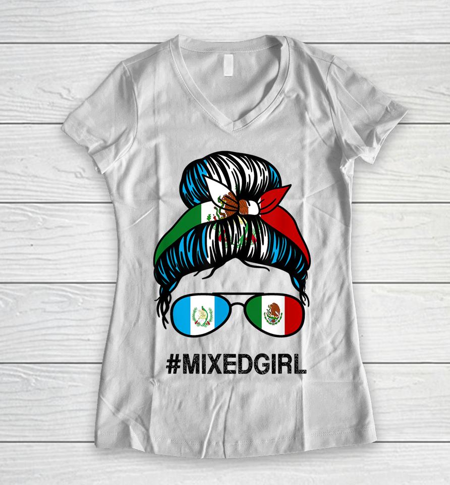 Guatemala Mexico Flag Guatemalan Mexican Messy Bun Women V-Neck T-Shirt