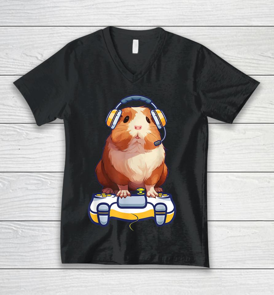 Guinea Pig And Video Gamer Lover Fluffy Cavy Gamers Unisex V-Neck T-Shirt