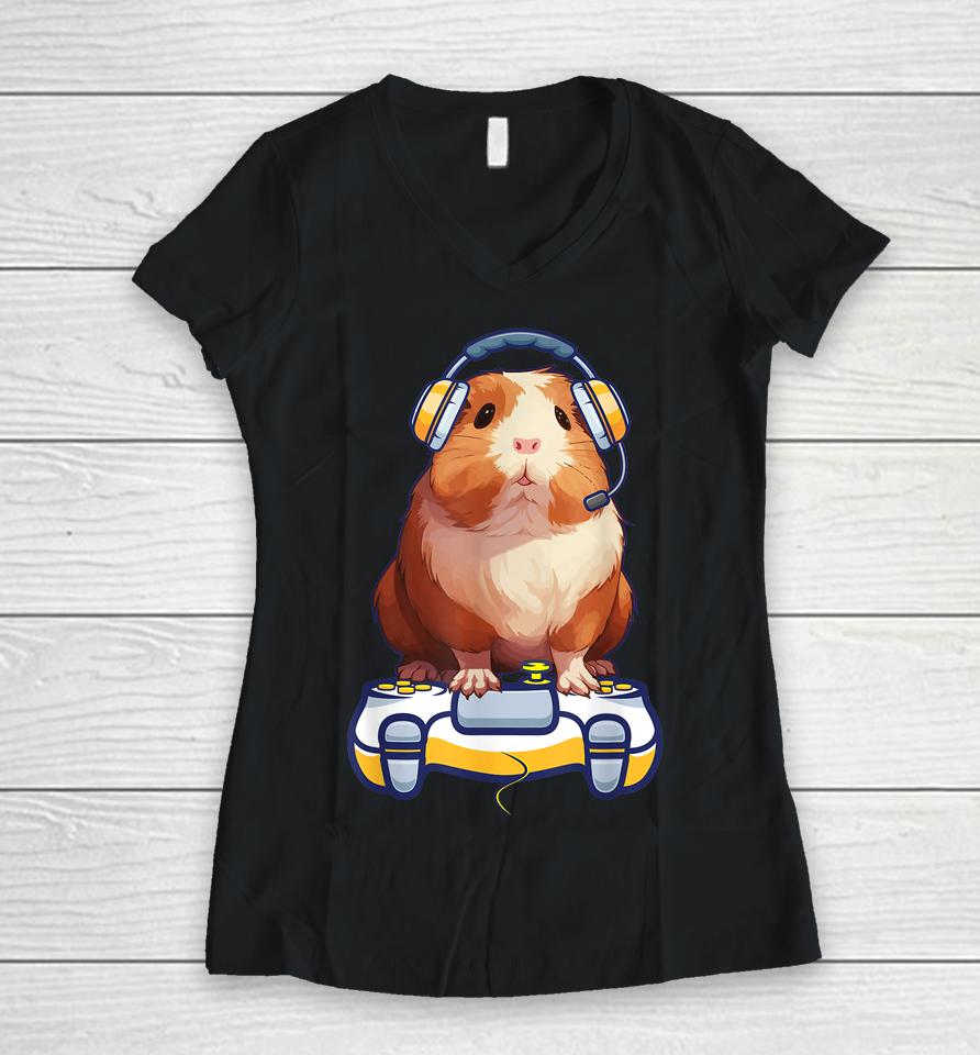 Guinea Pig And Video Gamer Lover Fluffy Cavy Gamers Women V-Neck T-Shirt