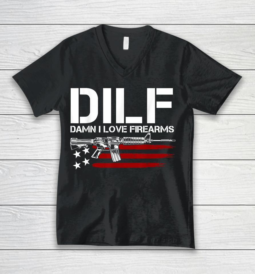 Gun American Flag Dilf - Damn I Love Firearms Unisex V-Neck T-Shirt
