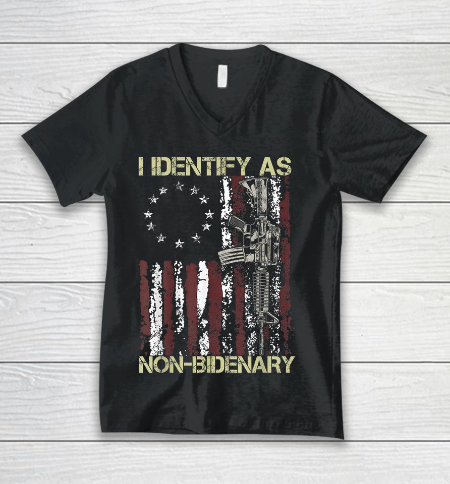 Gun American Flag Patriots I Identify As Non-Bidenary Unisex V-Neck T-Shirt