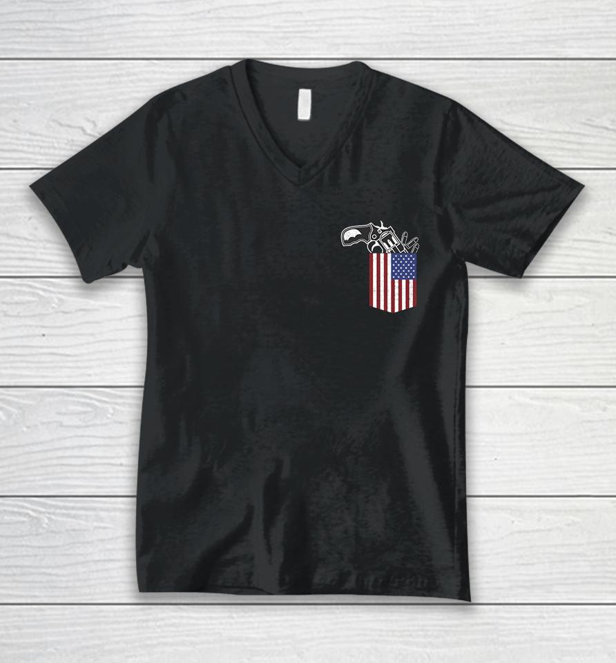 Gun In American Flag Pocket Funny Patriotic 4Th Of July Gift Unisex V-Neck T-Shirt