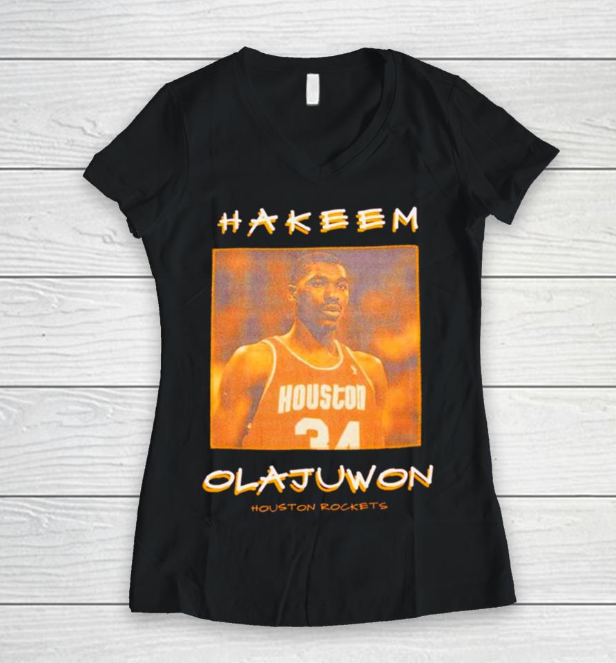 Hakeem Olajuwon Houston Rockets Vintage Logo Women V-Neck T-Shirt