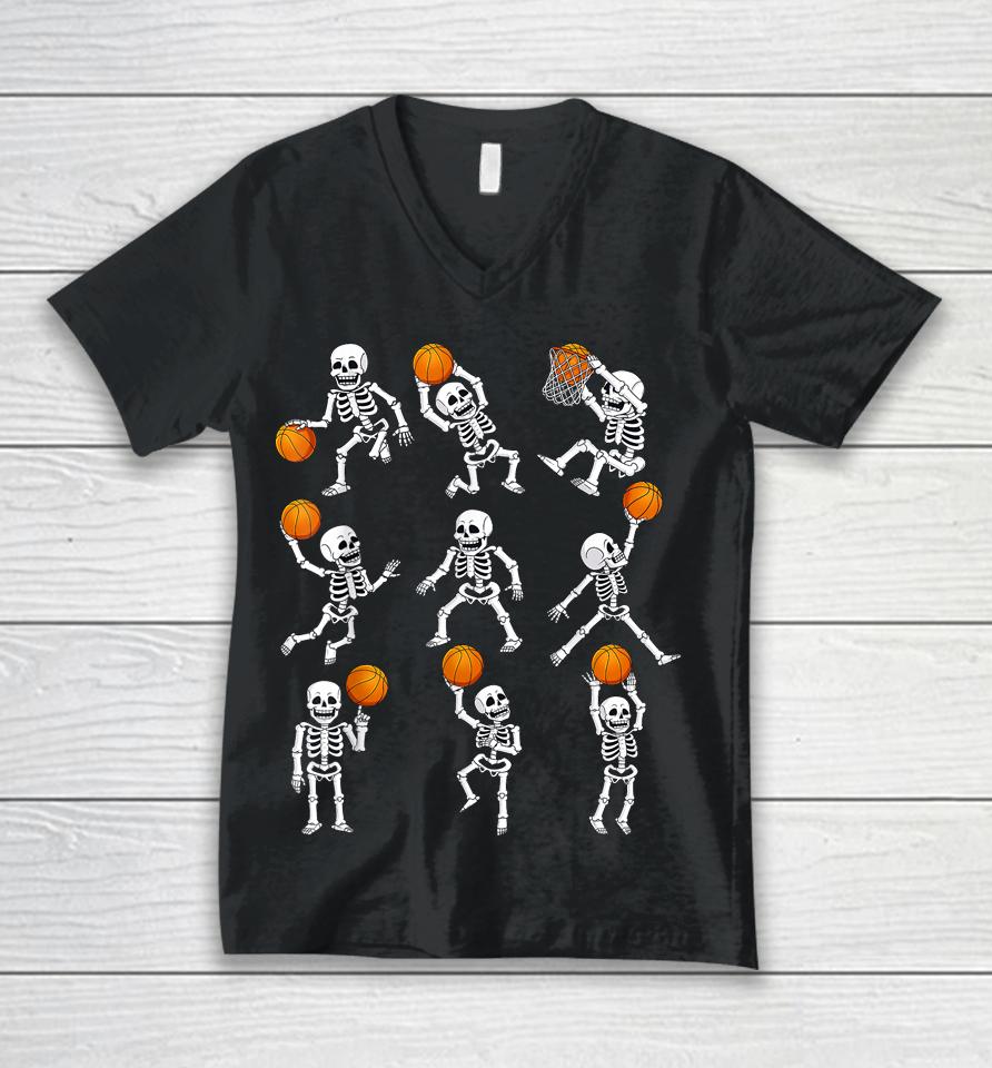Halloween Basketball Skeletons Dunking Dribble Unisex V-Neck T-Shirt