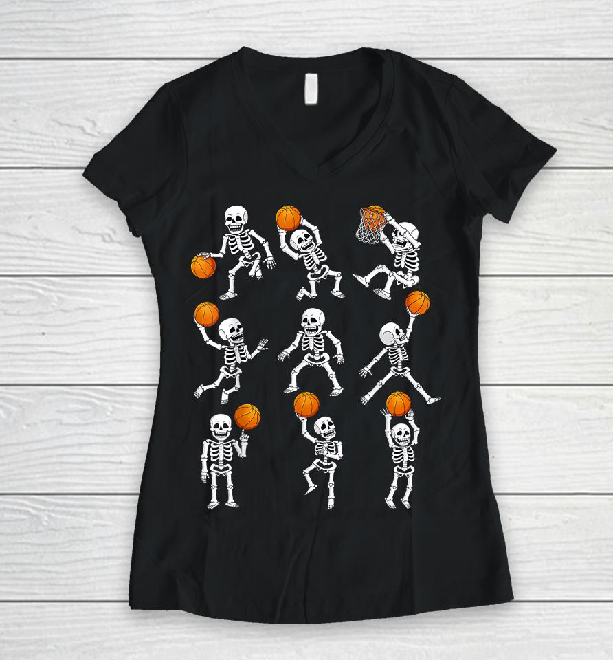 Halloween Basketball Skeletons Dunking Dribble Women V-Neck T-Shirt