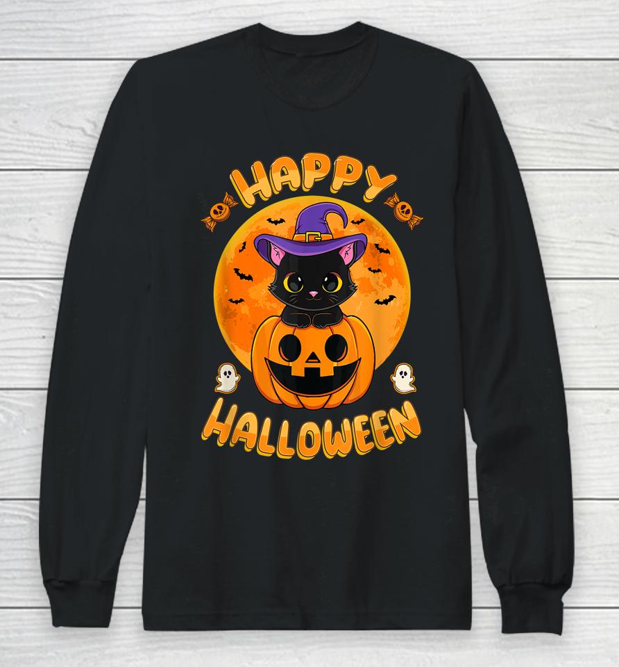 Halloween Black Cat Witch Hat Pumpkin Long Sleeve T-Shirt