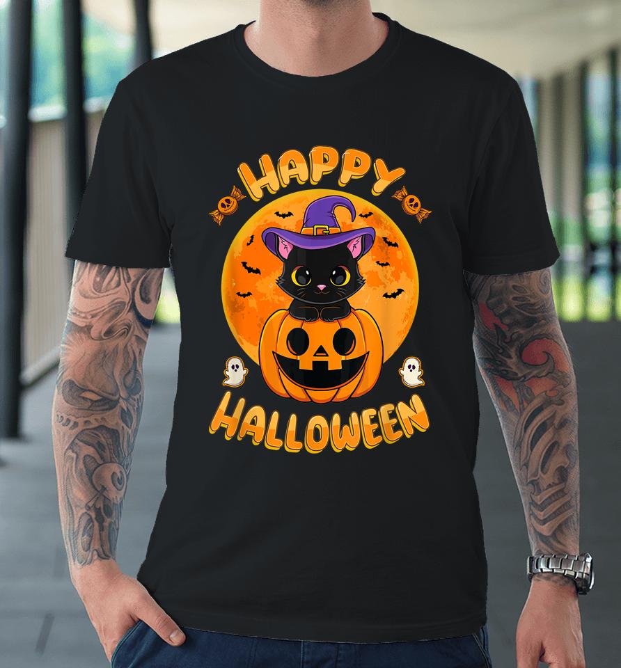 Halloween Black Cat Witch Hat Pumpkin Premium T-Shirt
