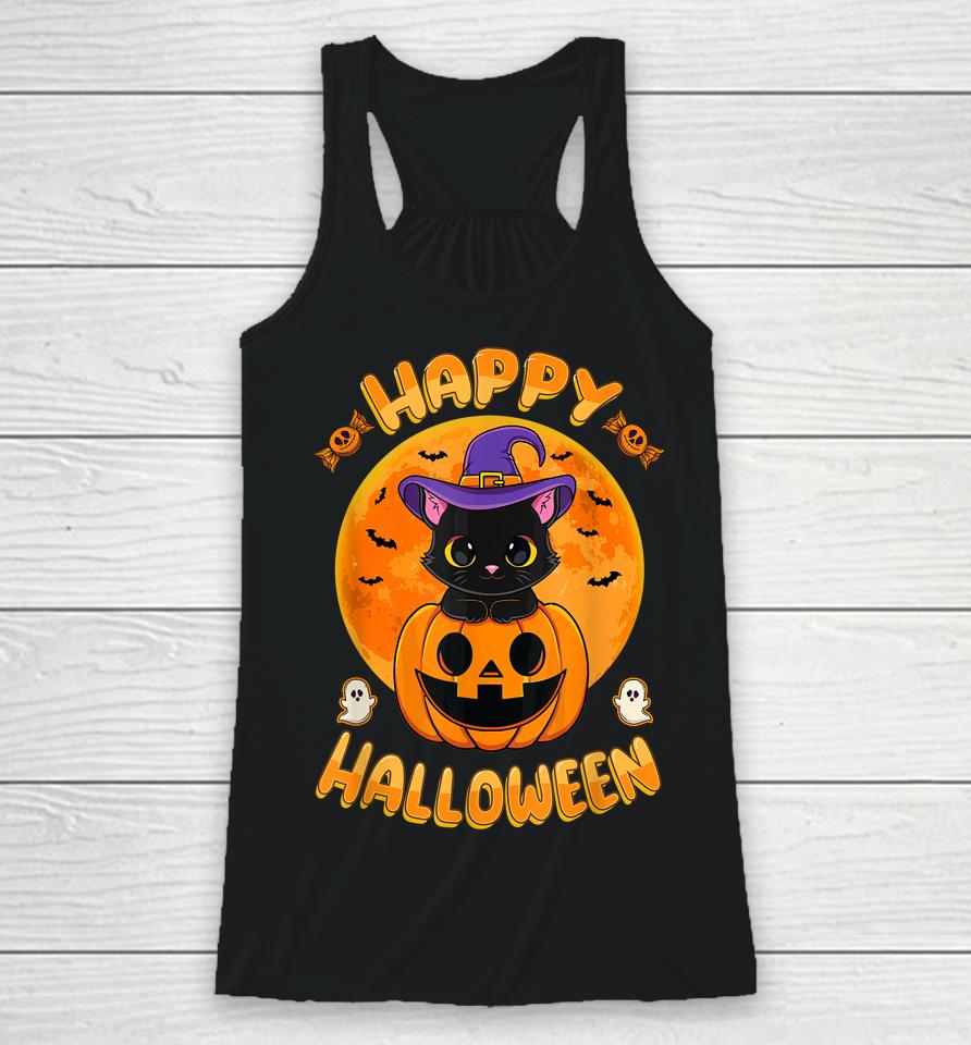 Halloween Black Cat Witch Hat Pumpkin Racerback Tank