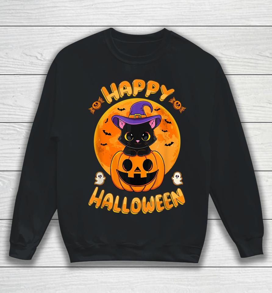 Halloween Black Cat Witch Hat Pumpkin Sweatshirt