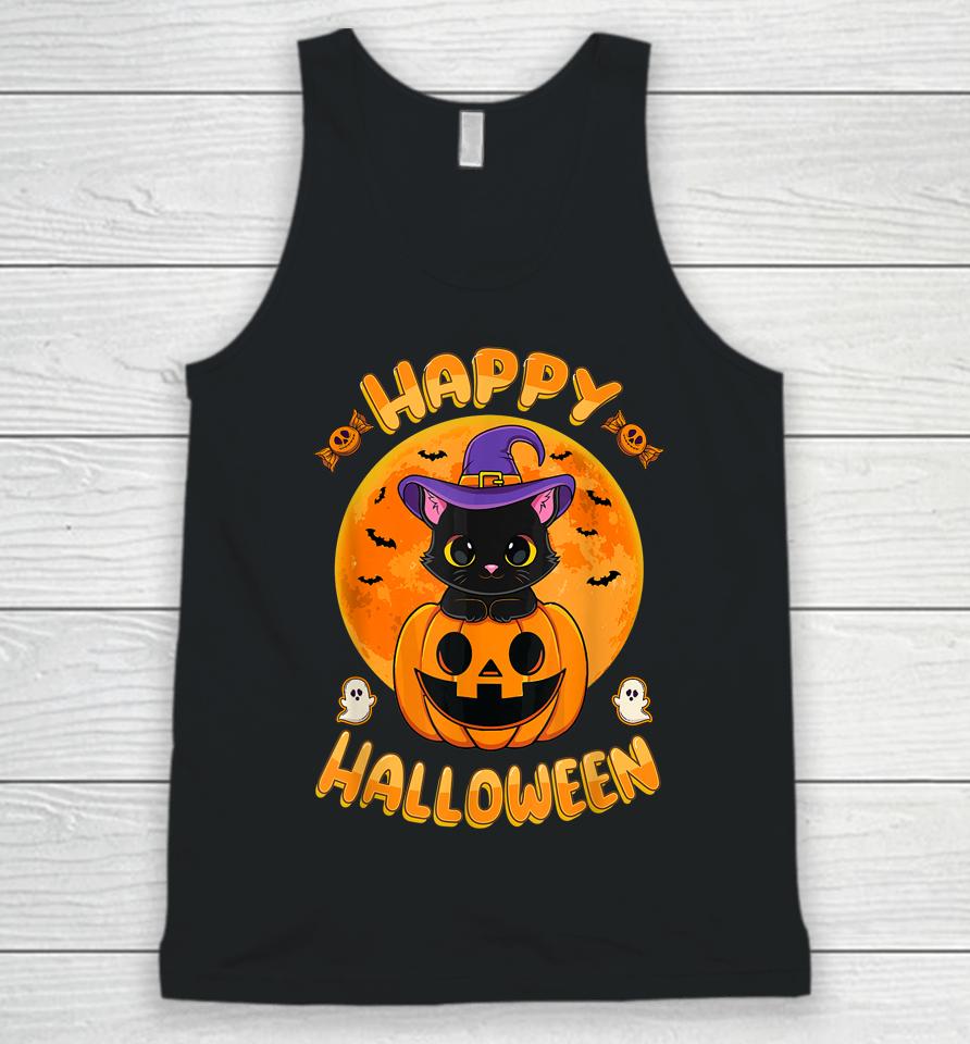Halloween Black Cat Witch Hat Pumpkin Unisex Tank Top
