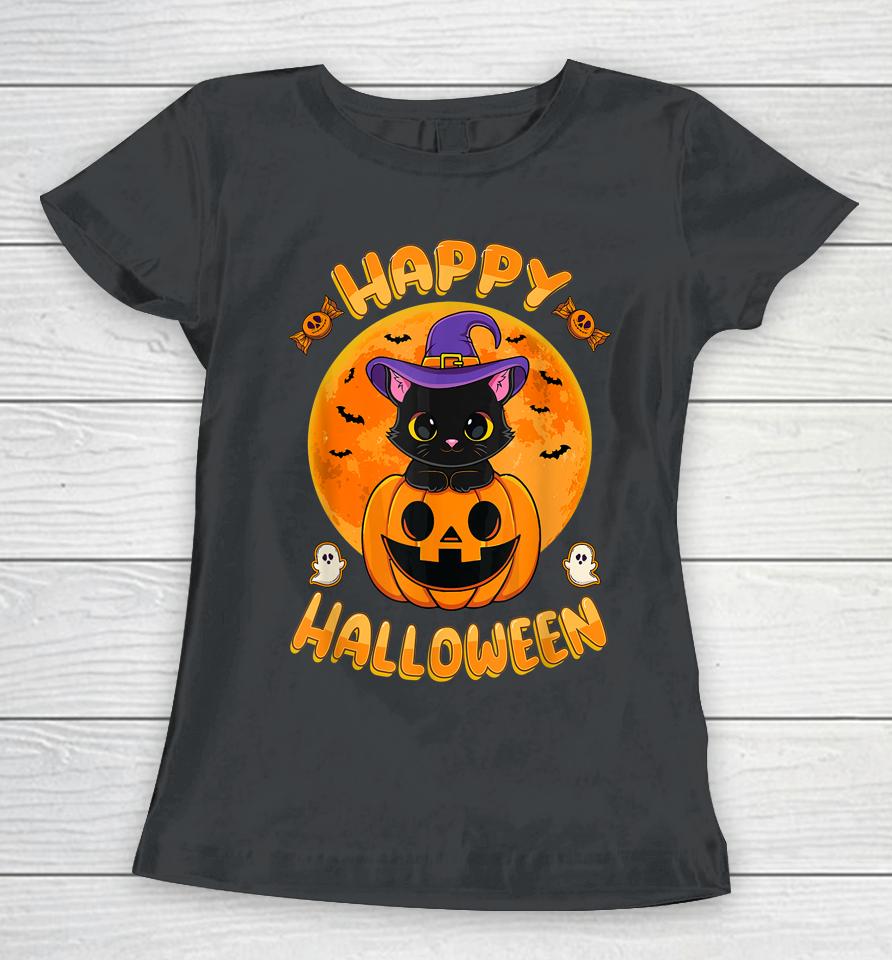 Halloween Black Cat Witch Hat Pumpkin Women T-Shirt