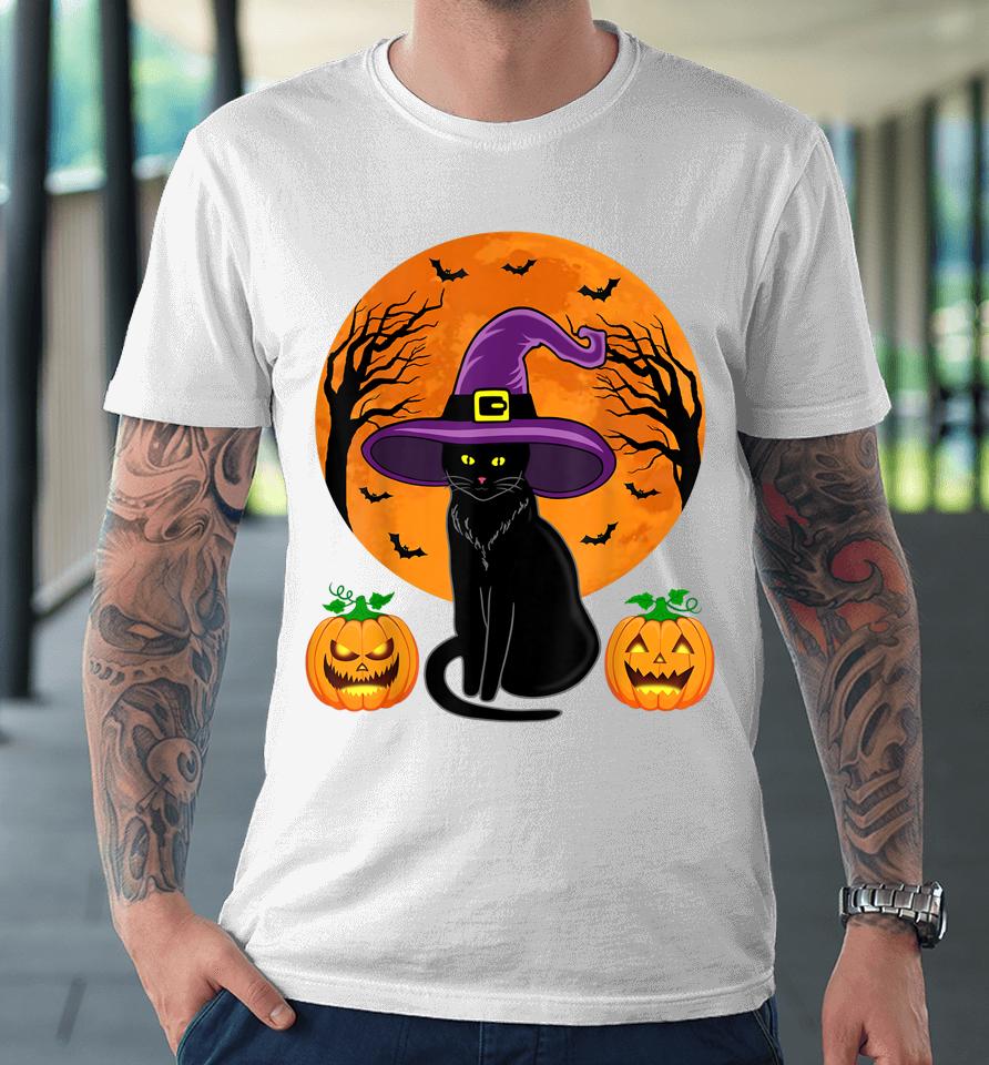 Halloween Black Cat Witch Hat Pumpkin Premium T-Shirt