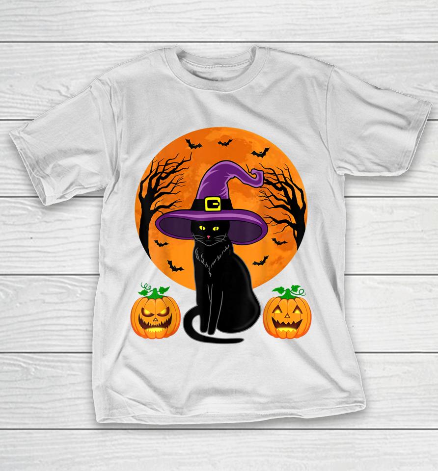 Halloween Black Cat Witch Hat Pumpkin T-Shirt