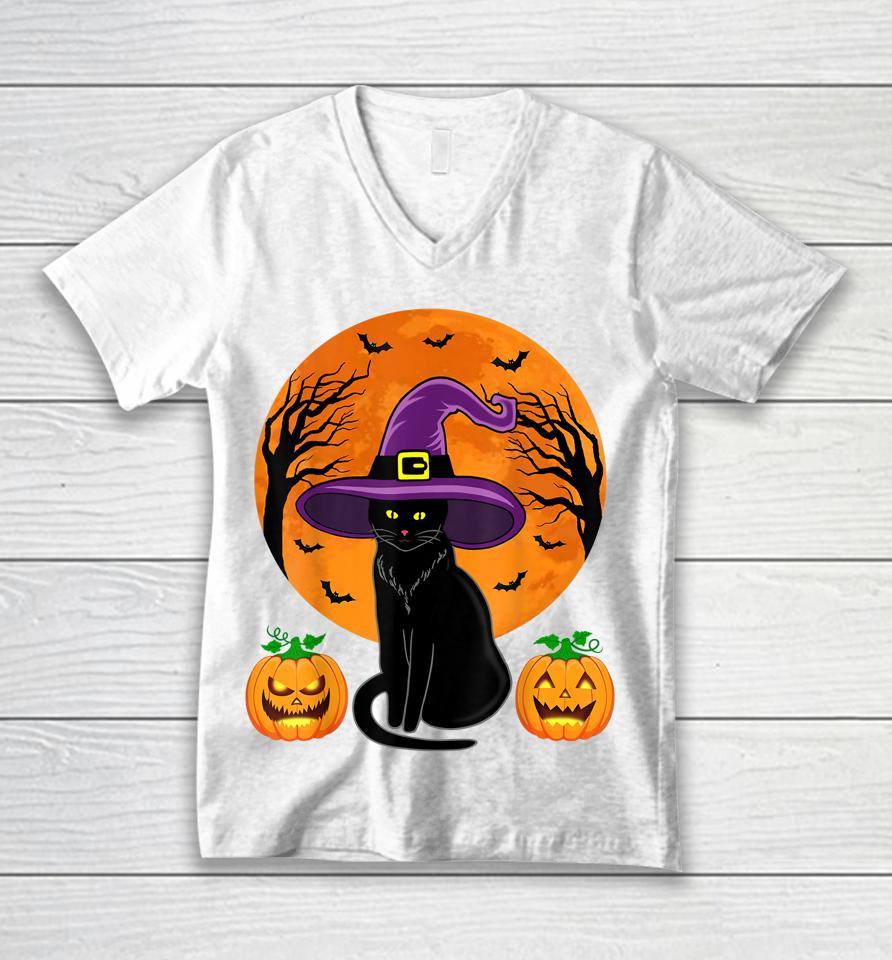 Halloween Black Cat Witch Hat Pumpkin Unisex V-Neck T-Shirt
