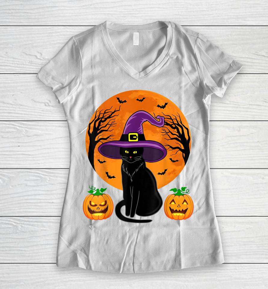 Halloween Black Cat Witch Hat Pumpkin Women V-Neck T-Shirt