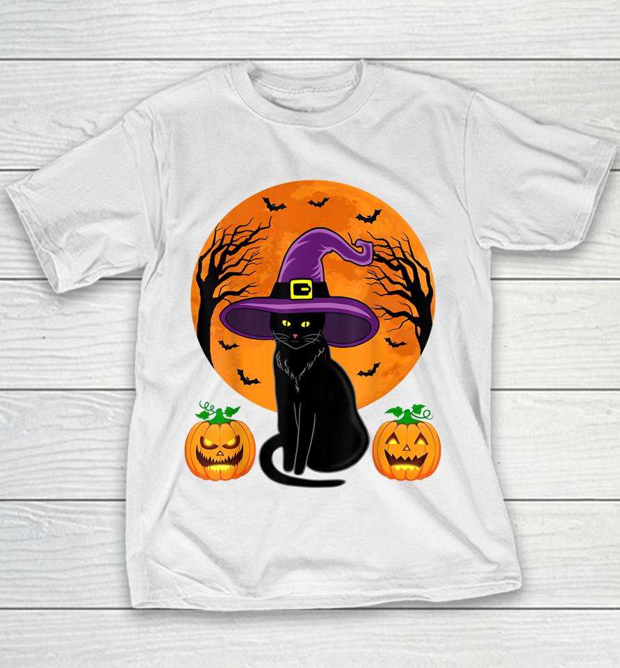 Halloween Black Cat Witch Hat Pumpkin Youth T-Shirt
