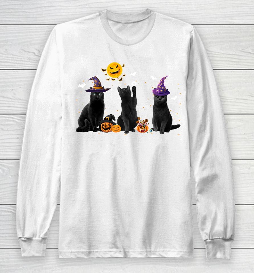 Halloween Black Cat Witch Hat Pumpkin Long Sleeve T-Shirt