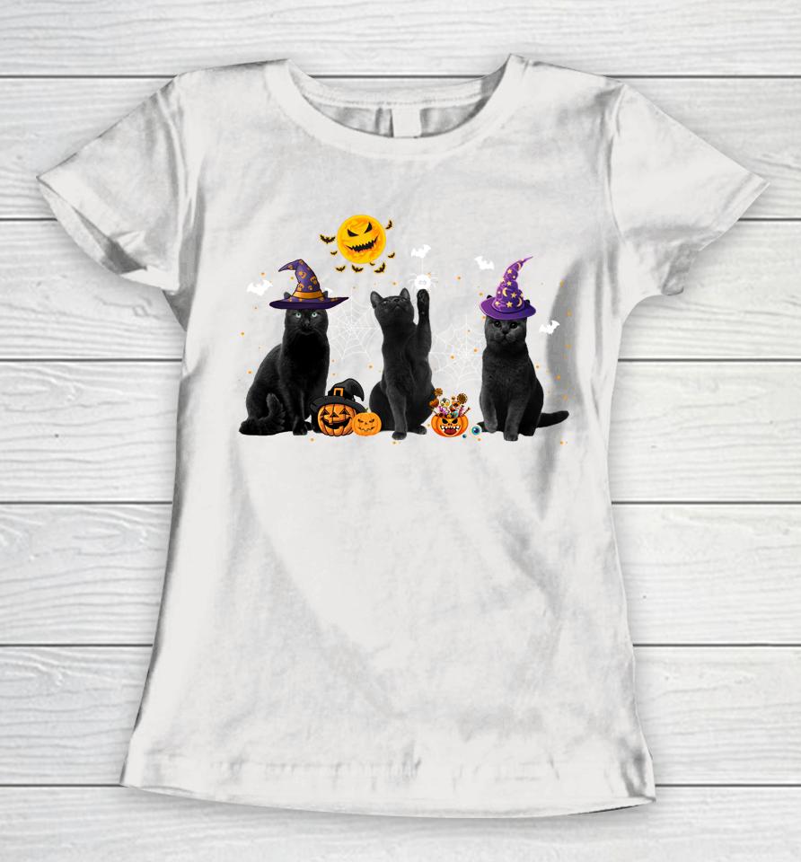 Halloween Black Cat Witch Hat Pumpkin Women T-Shirt