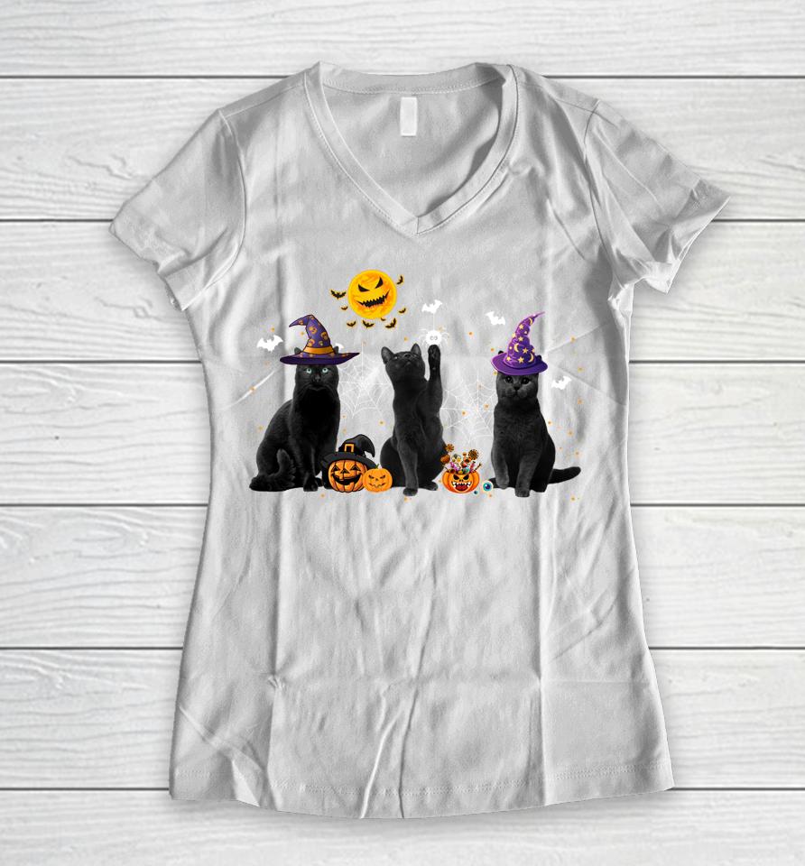 Halloween Black Cat Witch Hat Pumpkin Women V-Neck T-Shirt