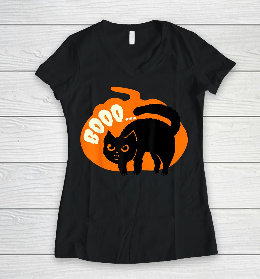 Halloween Boo Cute Cat Women V-Neck T-Shirt
