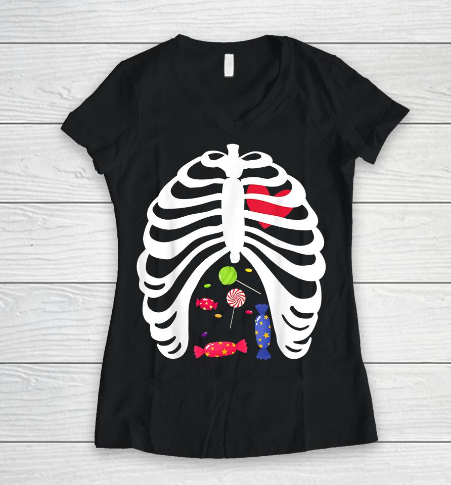 Halloween Candy Skeleton Rib Cage Women V-Neck T-Shirt