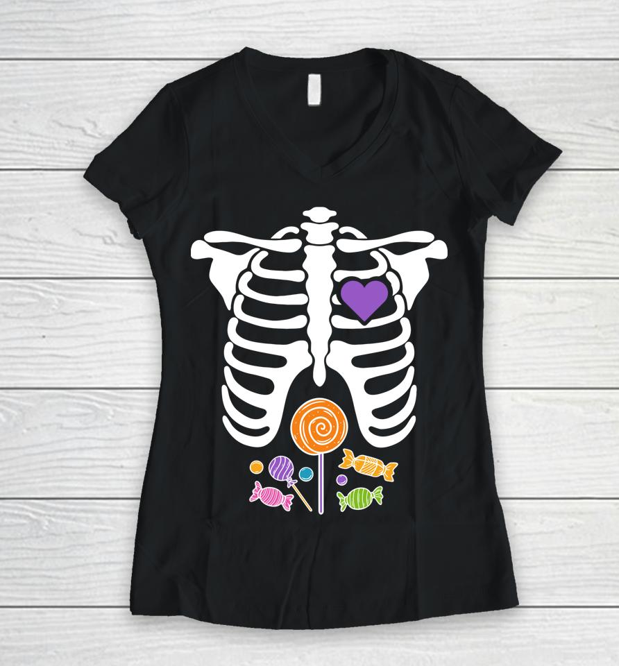 Halloween Candy Xray Skeleton Women V-Neck T-Shirt