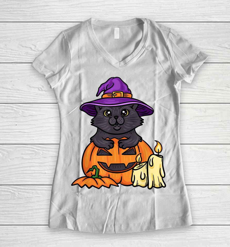 Halloween Cat T-Shirt Spooky Halloween Cat Women V-Neck T-Shirt
