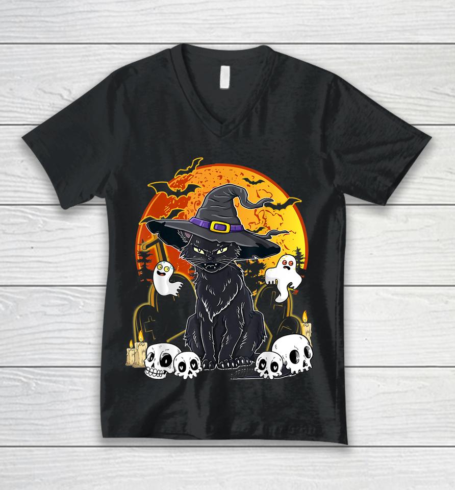 Halloween Cats With Witch Hat Costume Hat Tee Hocus Pocus Unisex V-Neck T-Shirt