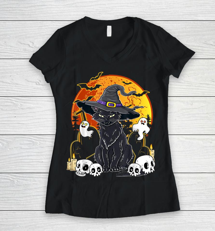 Halloween Cats With Witch Hat Costume Hat Tee Hocus Pocus Women V-Neck T-Shirt