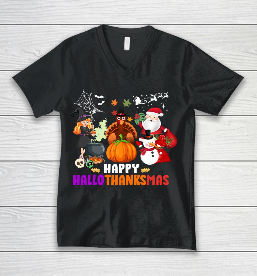 Halloween Christmas Happy Hallothanksmas Thanksgiving Unisex V-Neck T-Shirt