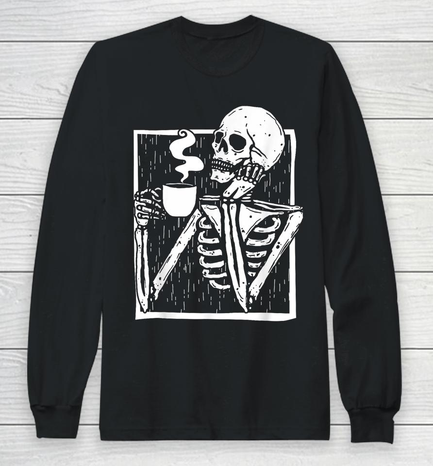 Halloween Coffee Drinking Skeleton Skull Long Sleeve T-Shirt