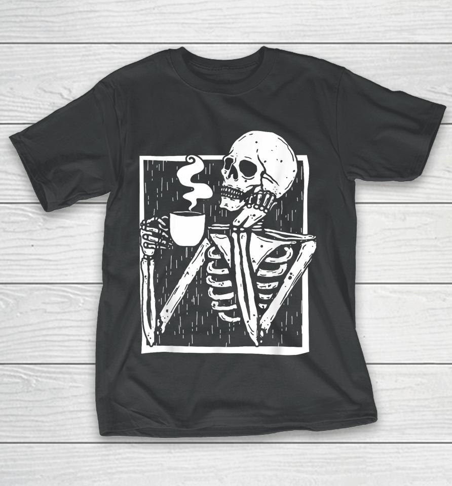 Halloween Coffee Drinking Skeleton Skull T-Shirt