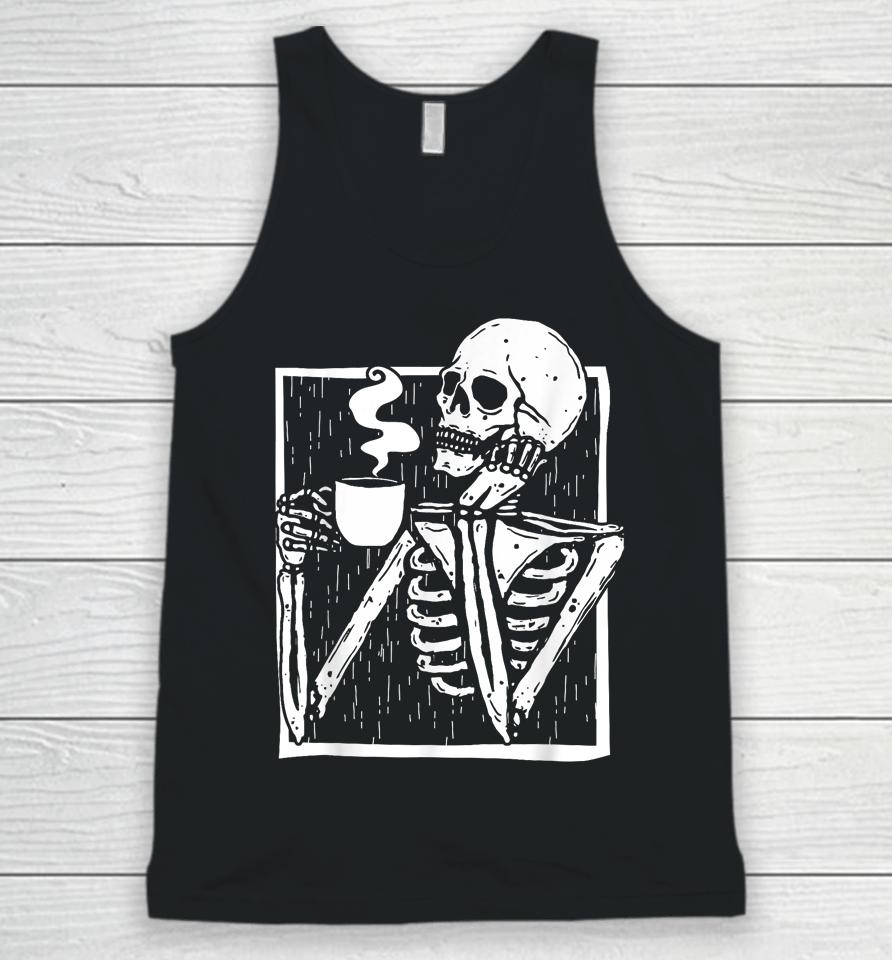 Halloween Coffee Drinking Skeleton Skull Unisex Tank Top