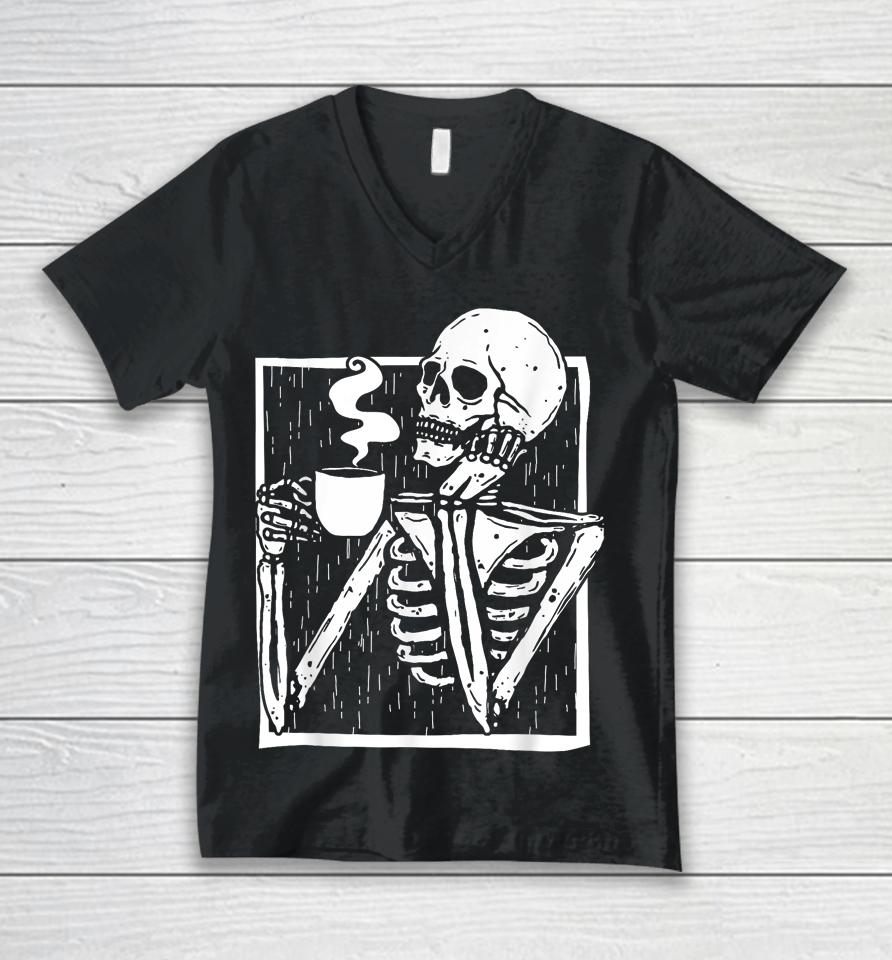 Halloween Coffee Drinking Skeleton Skull Unisex V-Neck T-Shirt