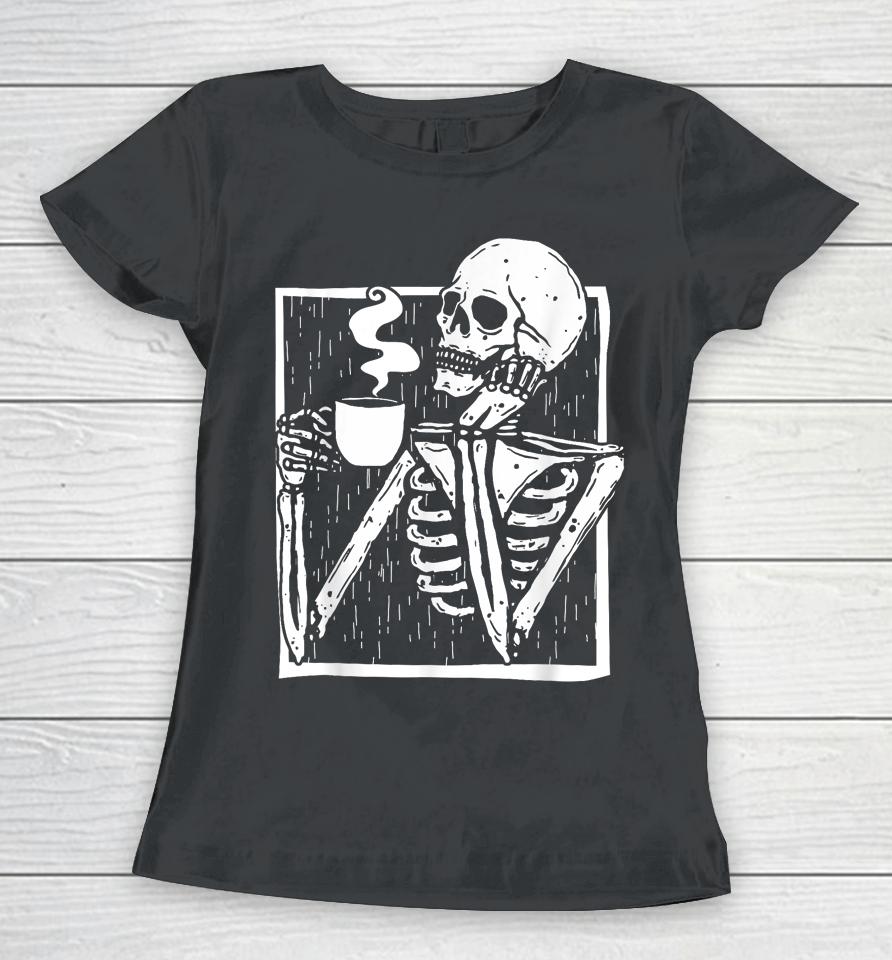 Halloween Coffee Drinking Skeleton Skull Women T-Shirt