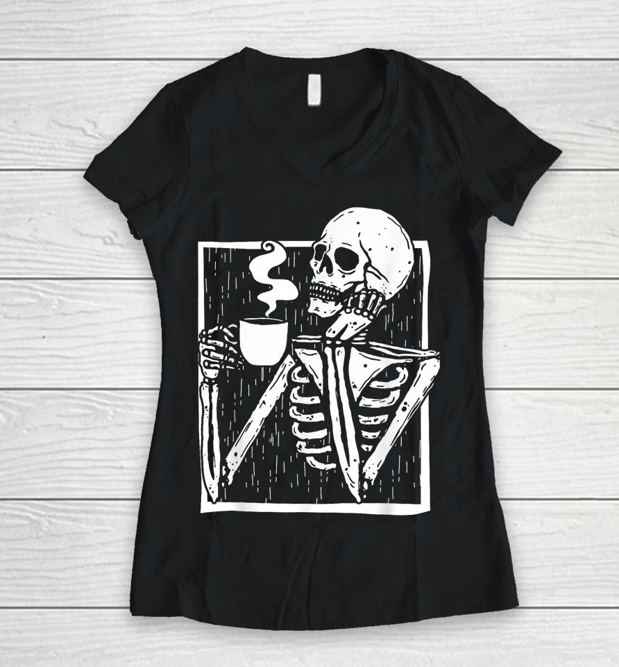 Halloween Coffee Drinking Skeleton Skull Women V-Neck T-Shirt