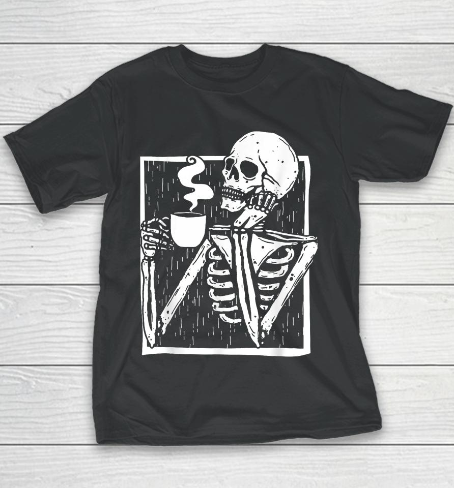 Halloween Coffee Drinking Skeleton Skull Youth T-Shirt