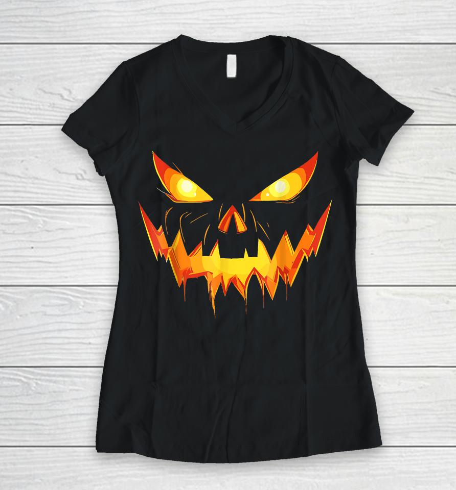 Halloween Costume Funny Jack O Lantern Face Pumpkin Scary Women V-Neck T-Shirt