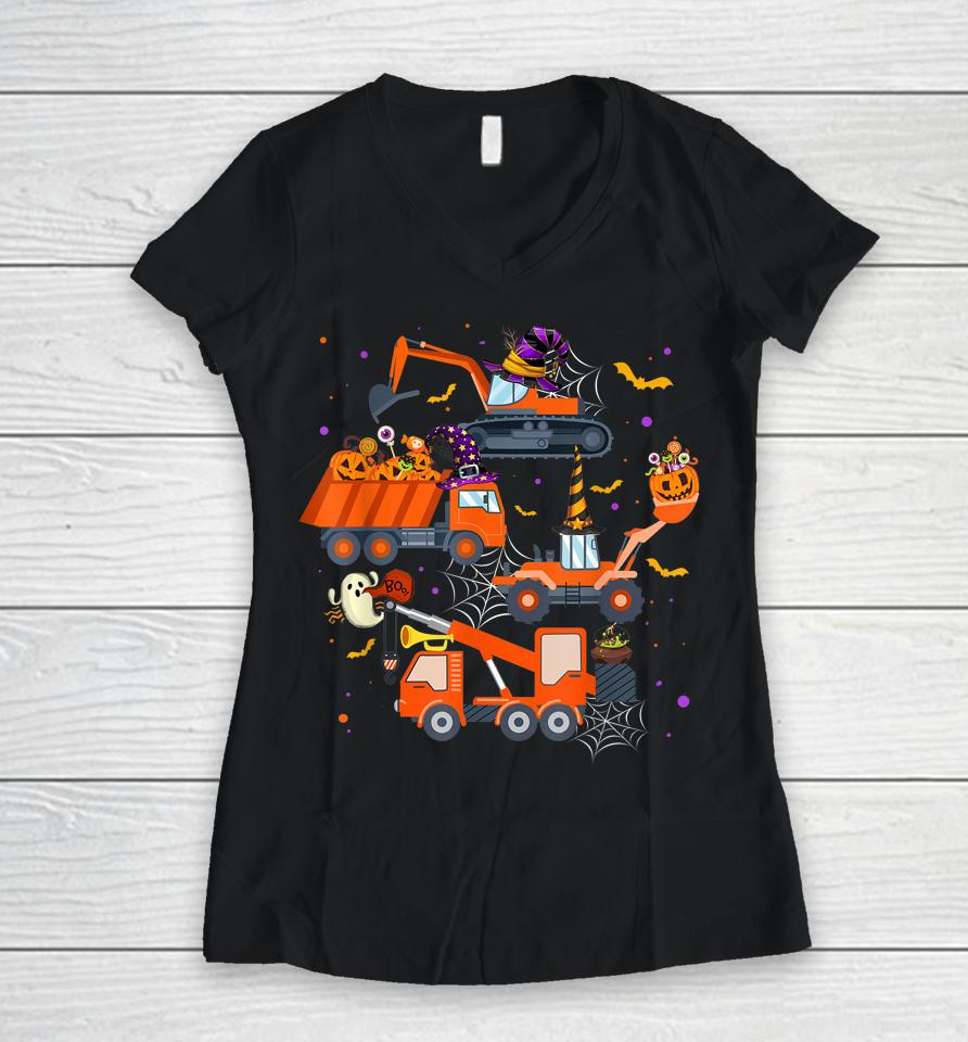 Halloween Crane Truck Construction Pumpkin Women V-Neck T-Shirt