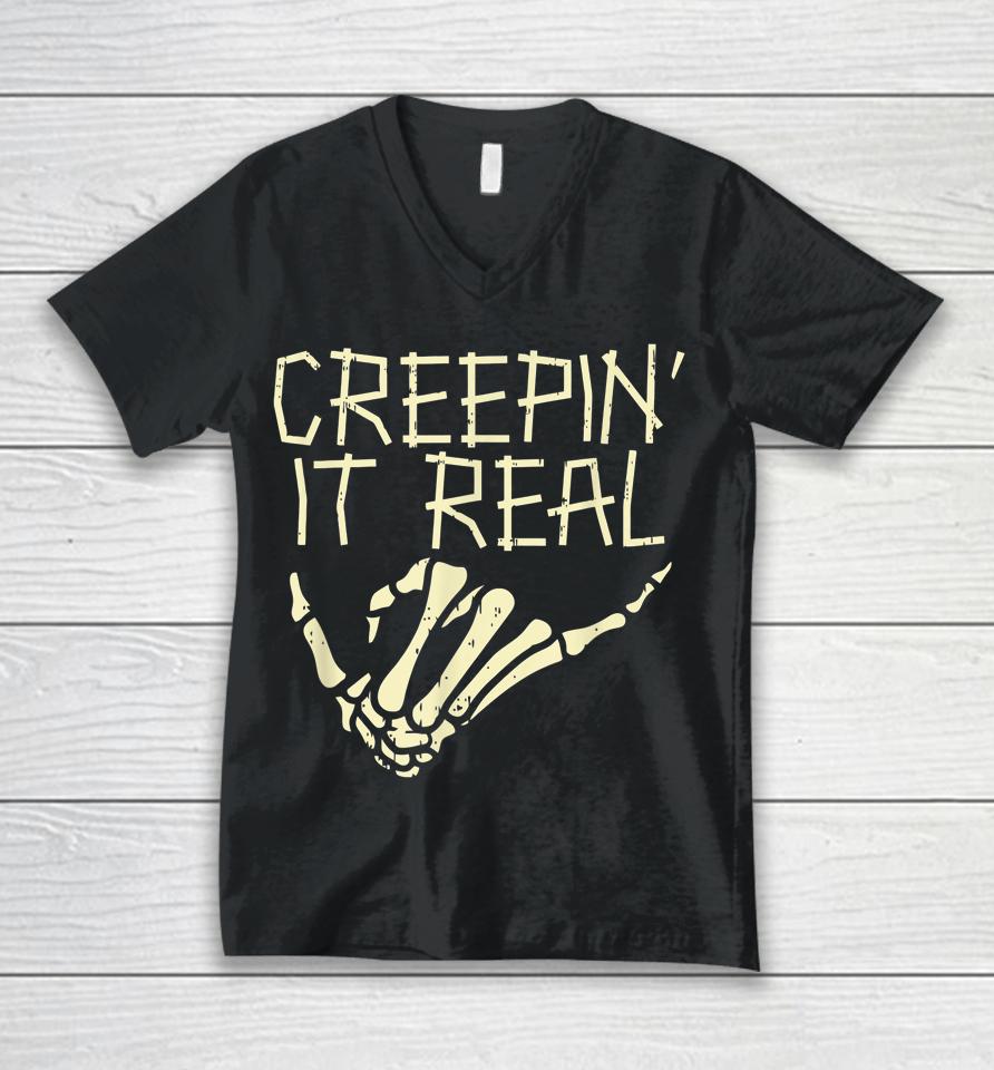 Halloween Creepin’ It Real Skeleton Hand Hang Loose Funny Unisex V-Neck T-Shirt
