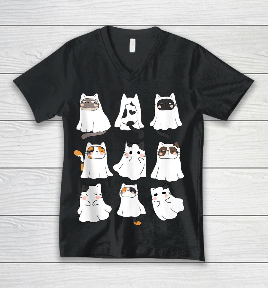 Halloween Cute Boo Ghost Cat Scary Unisex V-Neck T-Shirt