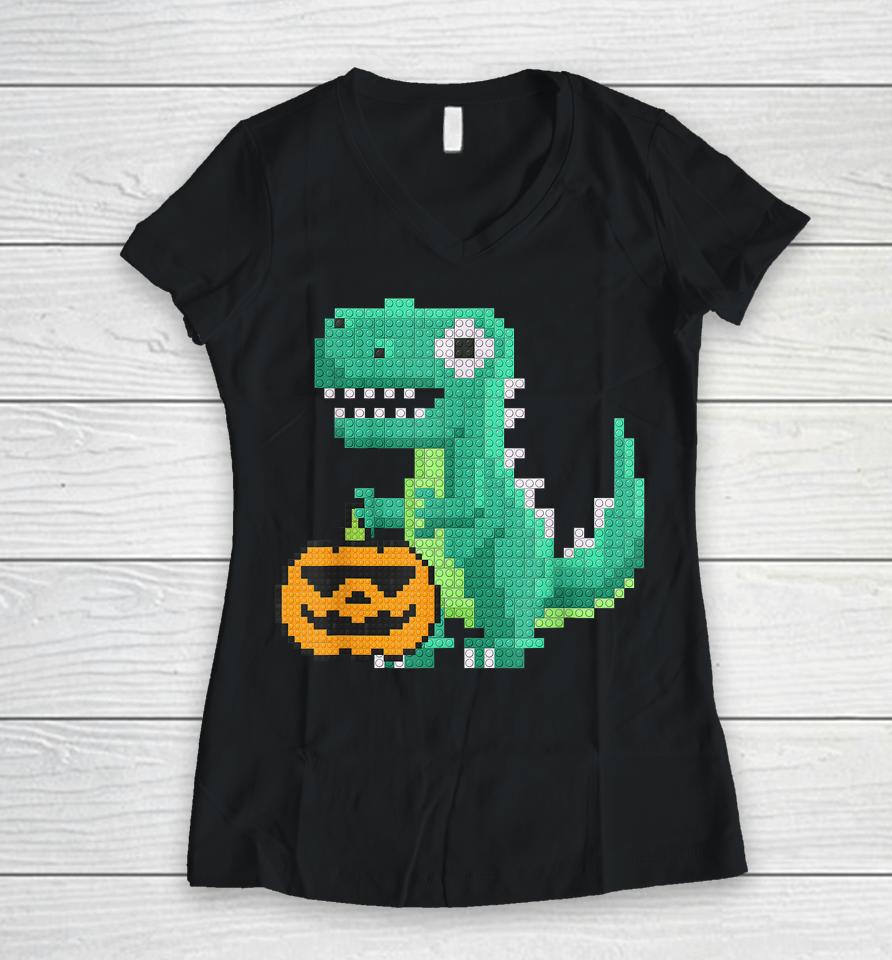 Halloween Dinosaur Kids Master Builder Building Blocks Brick Women V-Neck T-Shirt
