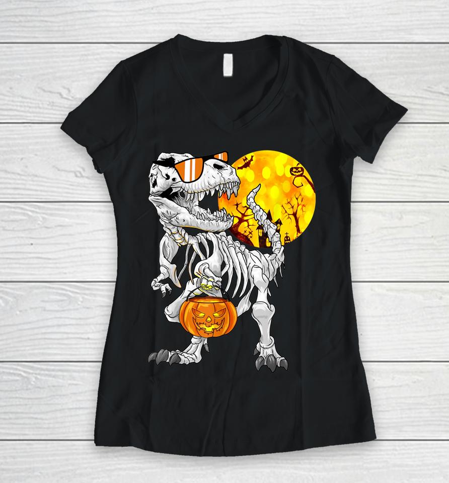 Halloween Dinosaur T Rex Skeleton Scary Women V-Neck T-Shirt