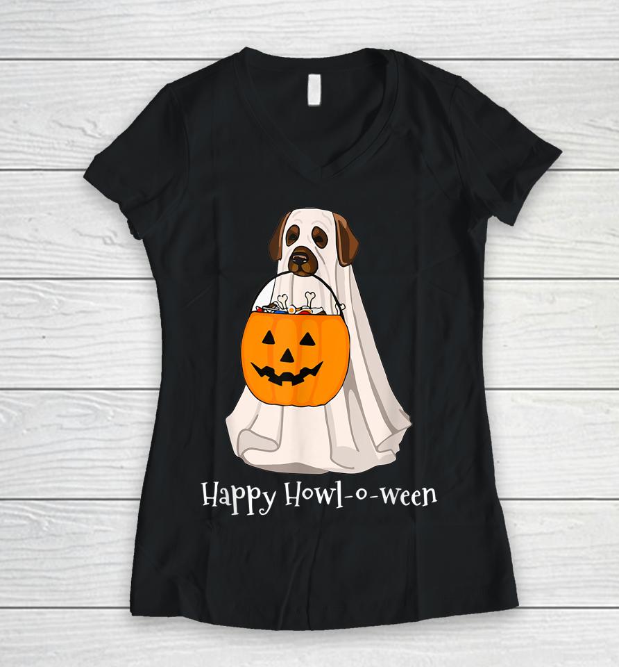 Halloween Dog With A Pumpkin Costume Women V-Neck T-Shirt